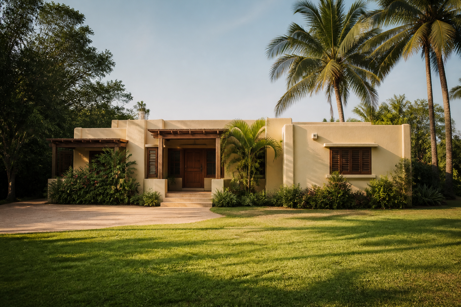 Concepto ilustrativo de una vivienda tropical renovada, rodeada de vegetación